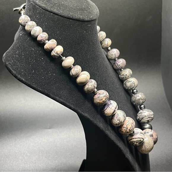 Sterling Silver Heavy Crazy Lace Agate Beaded Necklace Quartz Stone Toggle - Picture 6 of 12